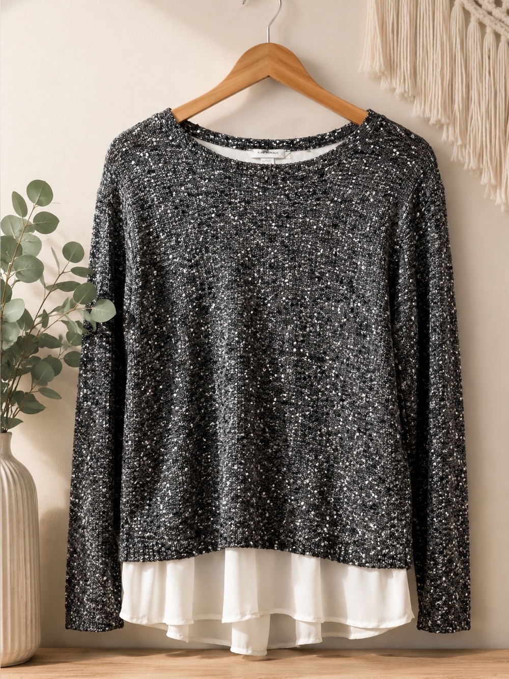 Club Monaco Jayda Sweater Black/White Silk Ruffled Hem XS